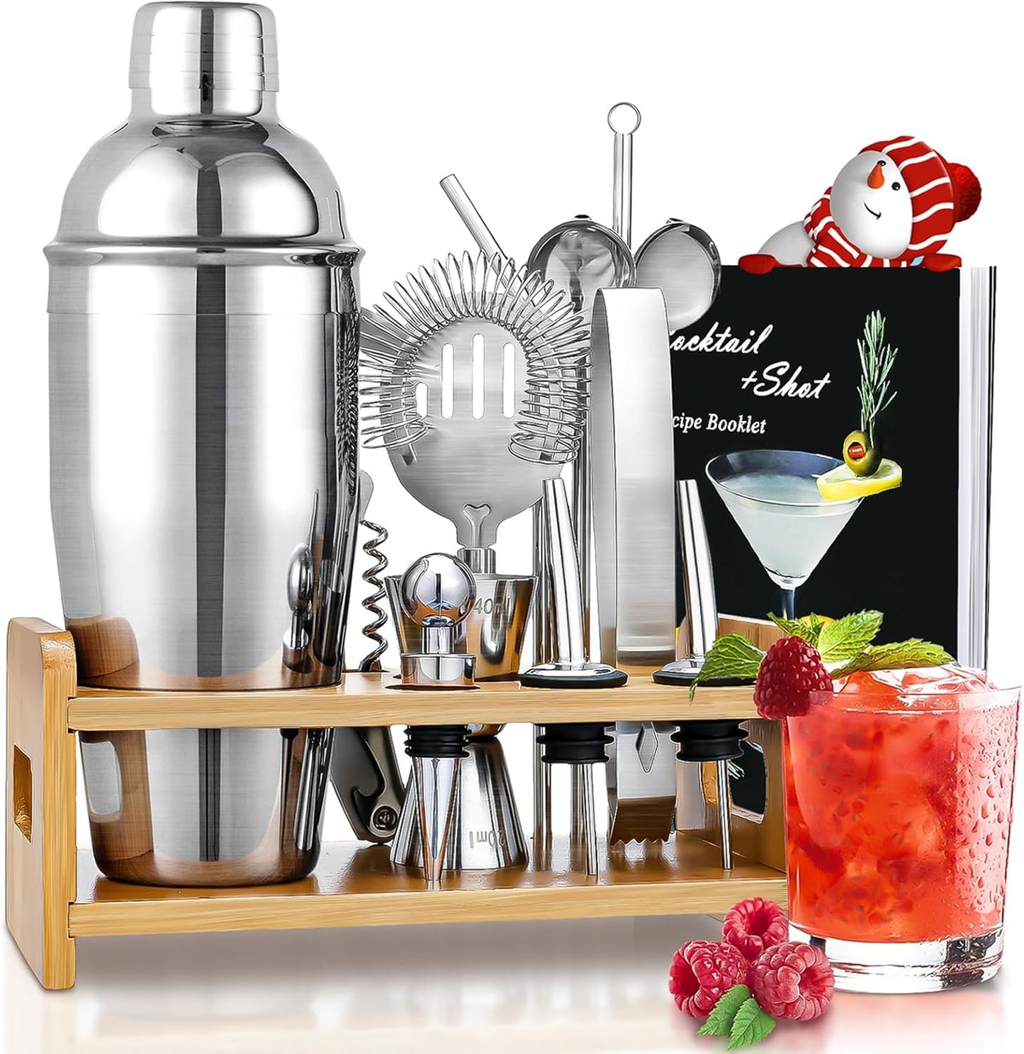Cocktail Shaker Set Bartender Kit, 15Pcs Bartender Shaker Set, 304 Stainless Steel Martini Shaker and Strainer, Bar Tool Set with Bamboo Stand, Recipe Book, for Home and Bar Party
