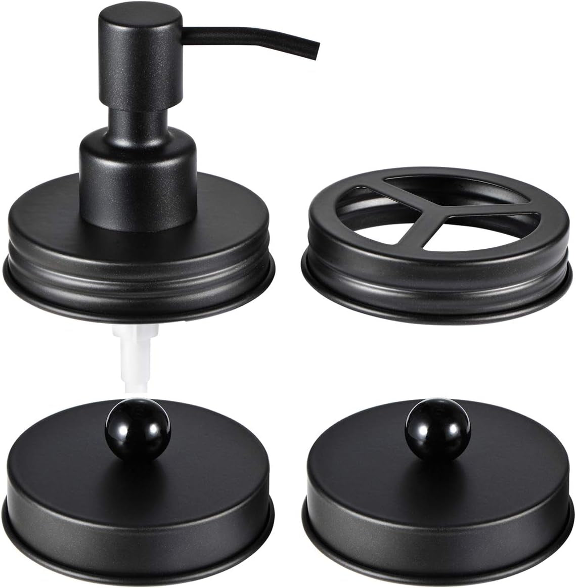 Mason Jar Bathroom Accessories Lids Set(4Pcs) - Jars Not Included - Soap Dispenser,Toothbrush Holder, Apothecary Jars Lids for Regular Mouth Mason Jars - Rustproof Stainless Steel,Black