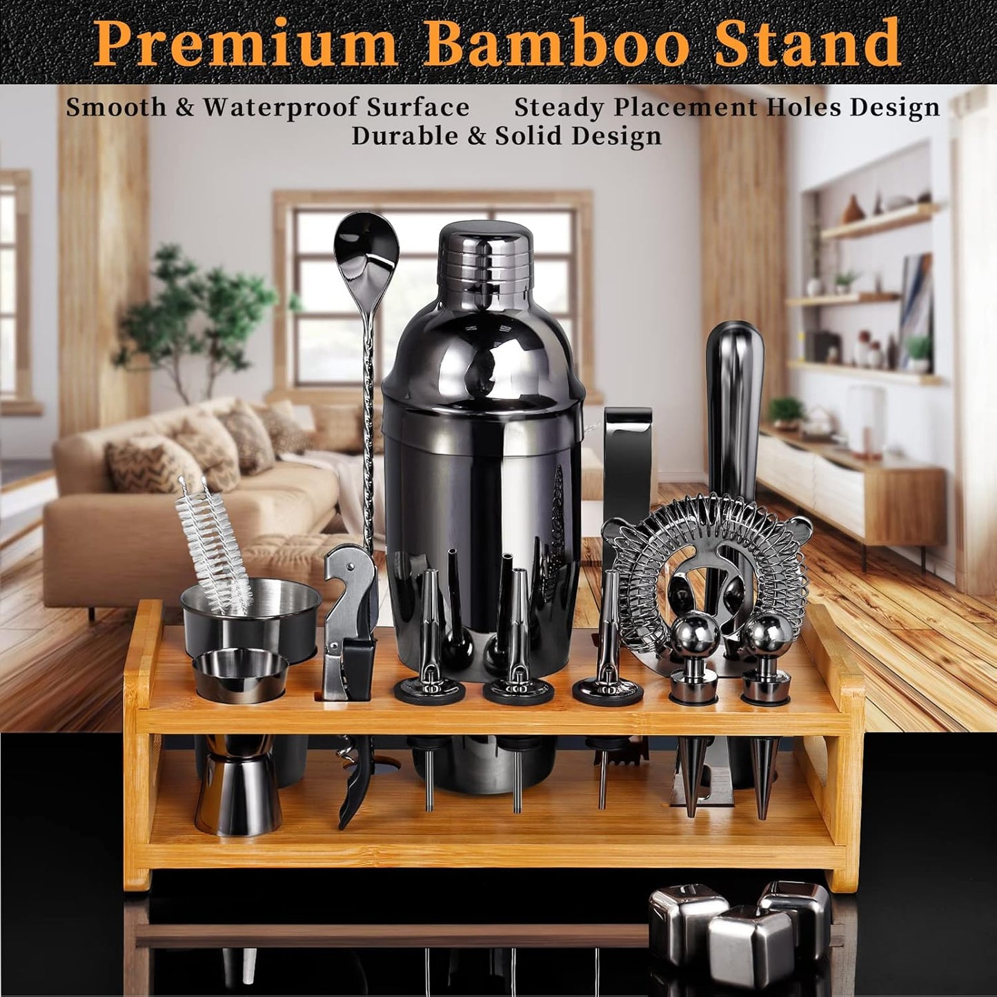 26-Piece Bartender Kit Cocktail Shaker Set | Stainless Steel Bar Set with Bamboo Stand Bar Tools Cocktail Kit for Christmas Drink Mixing,Home Bar Party Gift Bartending Kit Black