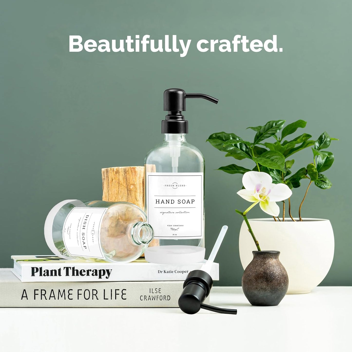 Clear Glass Soap Dispenser, 2 Pack Kitchen Soap Dispenser Set with Stainless Steel Pump, 16 Oz Dish Soap and Hand Soap Dispensers for Bathroom with Waterproof Labels