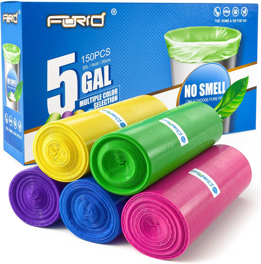Small Garbage Bags - 5 Gallon, Trash Can Liner for Home, Office, Bathroom, Bedroom, Waste Bin (5 Colors 150 Bags) - Durable & Thick Trash Bag Multi Colored