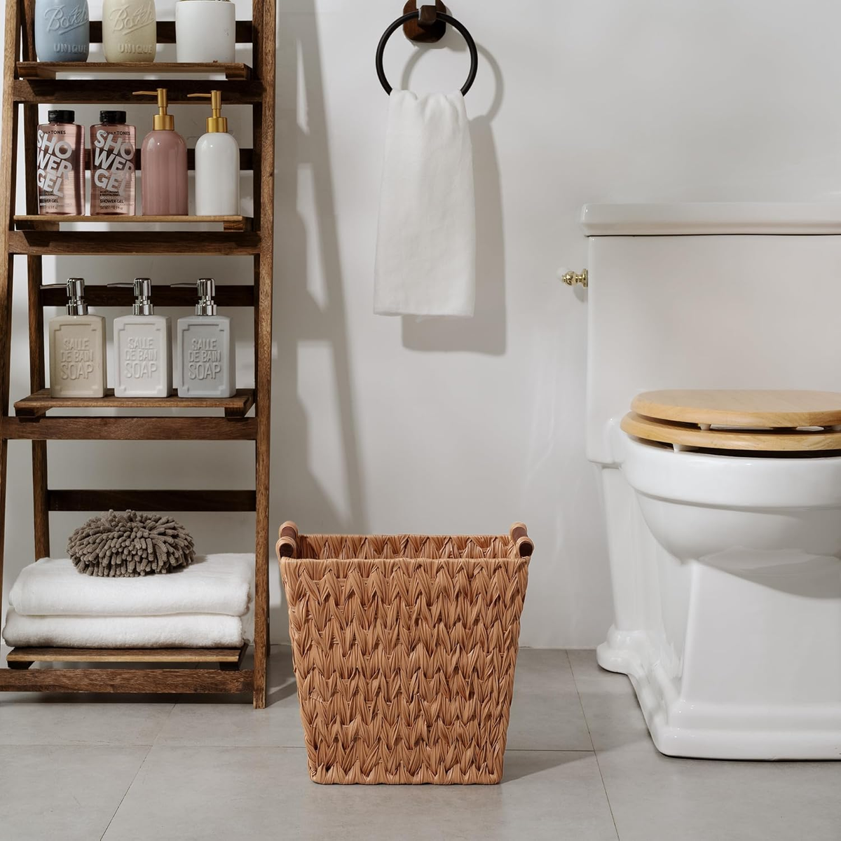 Bathroom Wastebasket, Caramel Orange Woven Trash Can with Handles, Waterproof Wicker Waste Basket for Office, 2-Pack, 13