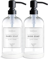 Clear Glass Soap Dispenser, 2 Pack Kitchen Soap Dispenser Set with Stainless Steel Pump, 16 Oz Dish Soap and Hand Soap Dispensers for Bathroom with Waterproof Labels