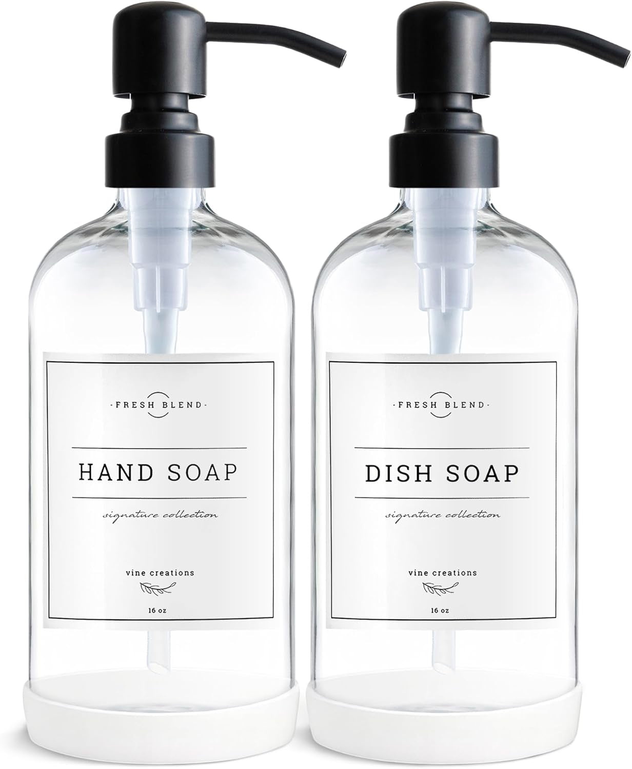 Clear Glass Soap Dispenser, 2 Pack Kitchen Soap Dispenser Set with Stainless Steel Pump, 16 Oz Dish Soap and Hand Soap Dispensers for Bathroom with Waterproof Labels