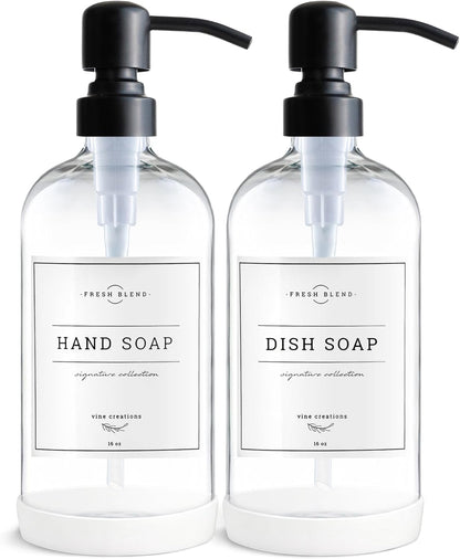 Clear Glass Soap Dispenser, 2 Pack Kitchen Soap Dispenser Set with Stainless Steel Pump, 16 Oz Dish Soap and Hand Soap Dispensers for Bathroom with Waterproof Labels