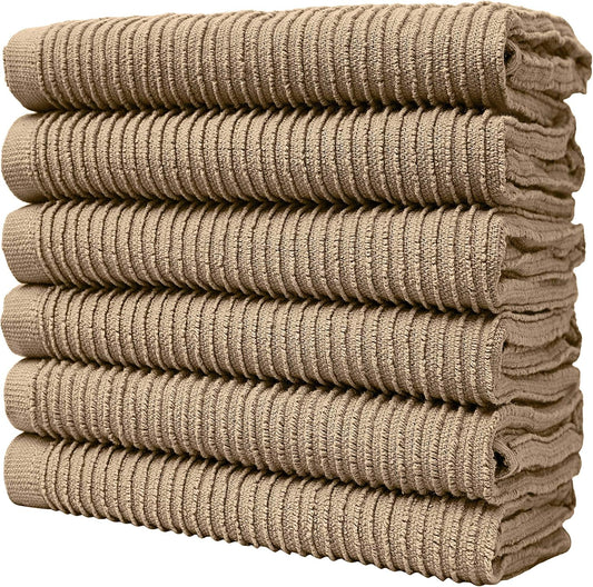 Premium Kitchen Towels - Large Cotton Kitchen Hand Towels - 6 Pack - Ribbed Design (16" X 26") - 340 GSM Highly Absorbent Tea Towels Set with Hanging Loop (TAN)