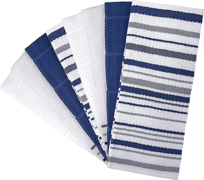 Pack of 8 Premium Kitchen Towels Set - Striped Waffle Yarn Dyed Kitchen Hand Towels - Large, 420 GSM, Ultra Absorbent - Dish Towels for Drying Dishes - Cotton Tea Towels - Blue