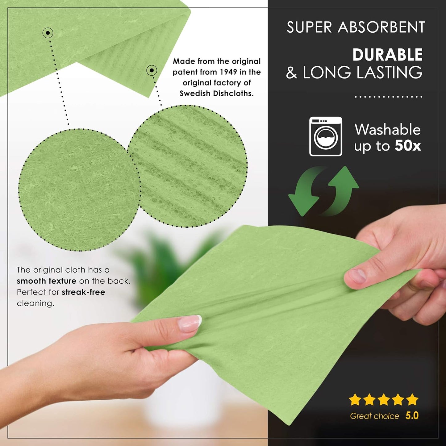 10 Pack Swedish Dishcloths for Kitchen - 100% Biodegradable & Compostable Reusable Paper Towels Washable, Food-Safe & without Plastic - Dish Rags Suitable for Any Surface, Apple Green