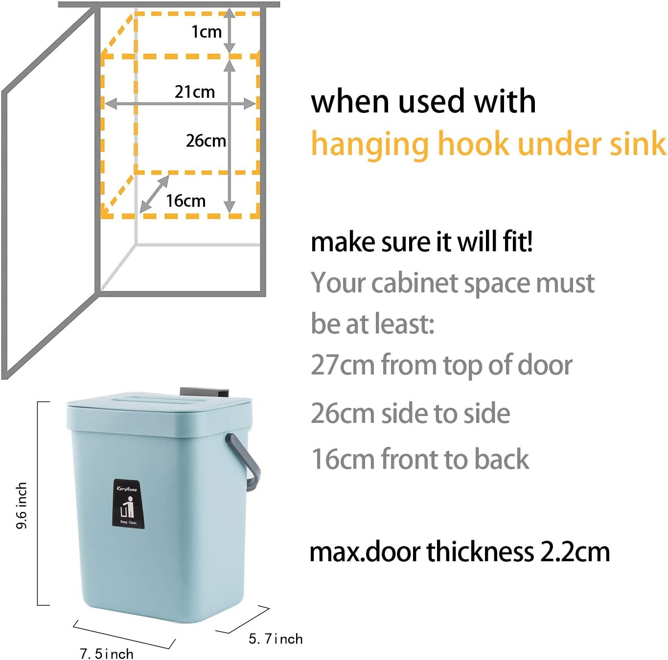 Hanging Small Trash Can with Lid under Sink for Kitchen,Food Waste Bin,Kitchen Compost Bin for Counter Top，Blue