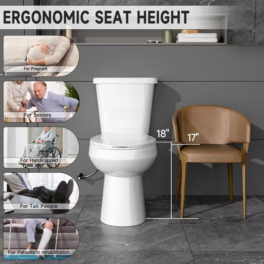 17 In. ADA Compliant Dual Flush Toilet 1.1/1.6 GPF 2-Piece round Bowl White Toilet with Soft Close Seat Bathroom Upgrade