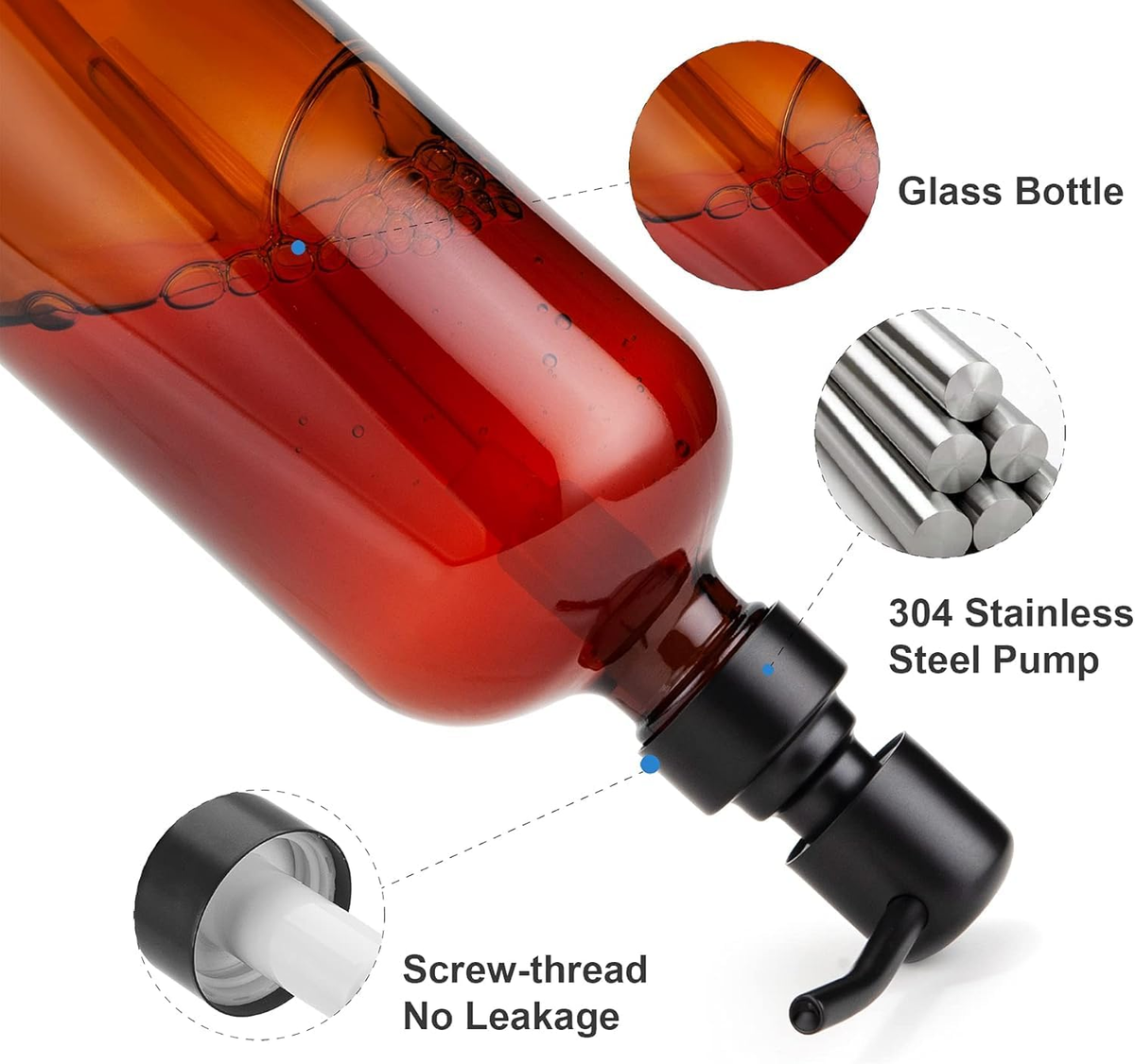 Amber Glass Soap Dispenser, 2 Pack Soap Dispenser Set with Stainless Steel Pump, Vintage Liquid Brown Soap Dispensers Bottle, 17 Oz Dish Soap and Hand Soap Dispensers for Bathroom Kitchen