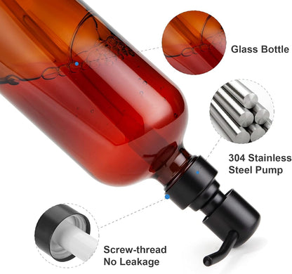 Amber Glass Soap Dispenser, 2 Pack Soap Dispenser Set with Stainless Steel Pump, Vintage Liquid Brown Soap Dispensers Bottle, 17 Oz Dish Soap and Hand Soap Dispensers for Bathroom Kitchen