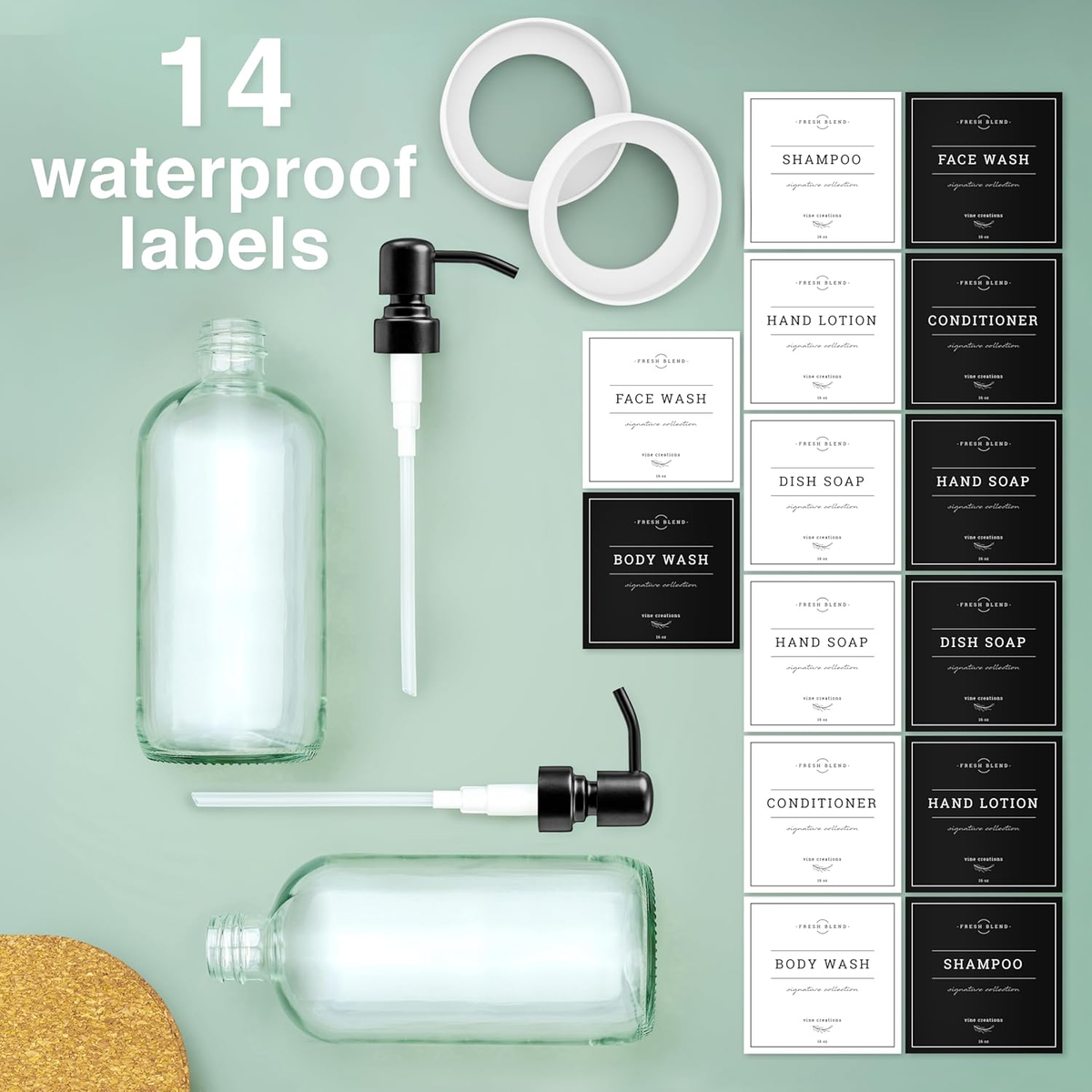 Clear Glass Soap Dispenser, 2 Pack Kitchen Soap Dispenser Set with Stainless Steel Pump, 16 Oz Dish Soap and Hand Soap Dispensers for Bathroom with Waterproof Labels