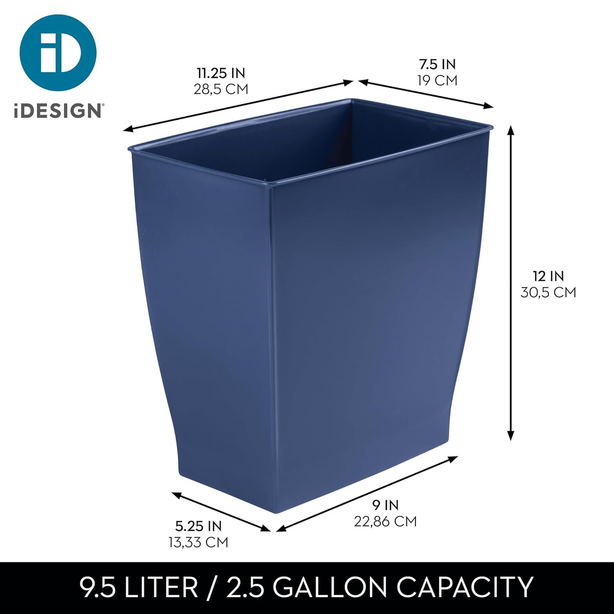 Idesign Small Plastic Bathroom Trash Can, Slim Rectangle Garbage Bin for Bedroom, Office, Dorm, Navy Blue