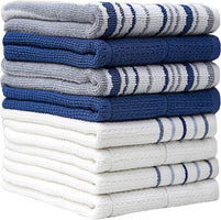 Pack of 8 Premium Kitchen Towels Set - Striped Waffle Yarn Dyed Kitchen Hand Towels - Large, 420 GSM, Ultra Absorbent - Dish Towels for Drying Dishes - Cotton Tea Towels - Blue
