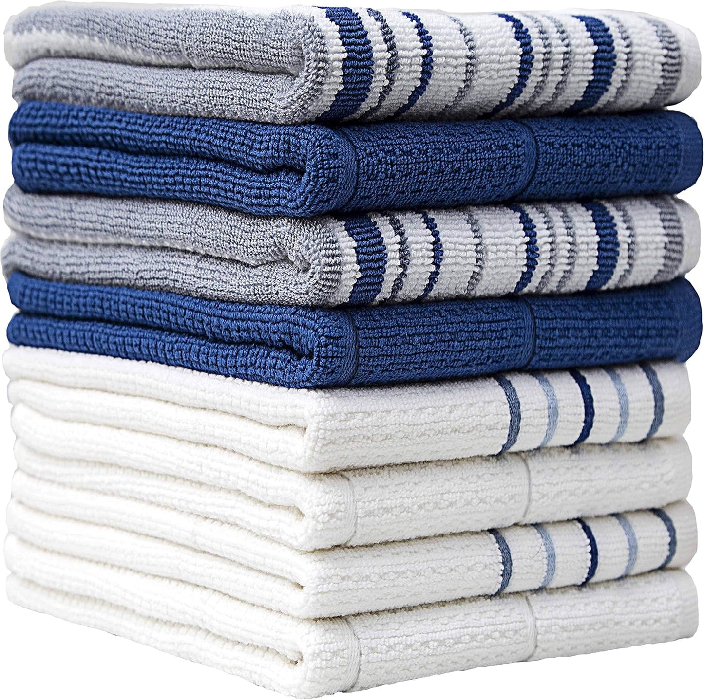 Pack of 8 Premium Kitchen Towels Set - Striped Waffle Yarn Dyed Kitchen Hand Towels - Large, 420 GSM, Ultra Absorbent - Dish Towels for Drying Dishes - Cotton Tea Towels - Blue