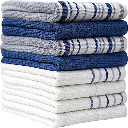 Pack of 8 Premium Kitchen Towels Set - Striped Waffle Yarn Dyed Kitchen Hand Towels - Large, 420 GSM, Ultra Absorbent - Dish Towels for Drying Dishes - Cotton Tea Towels - Blue