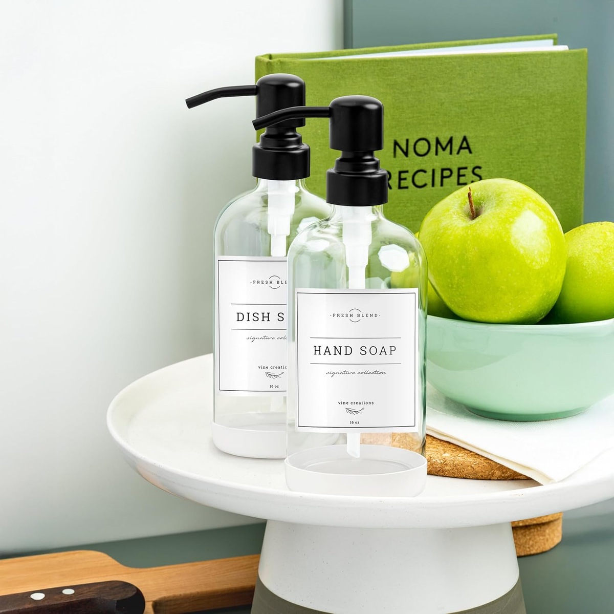 Clear Glass Soap Dispenser, 2 Pack Kitchen Soap Dispenser Set with Stainless Steel Pump, 16 Oz Dish Soap and Hand Soap Dispensers for Bathroom with Waterproof Labels