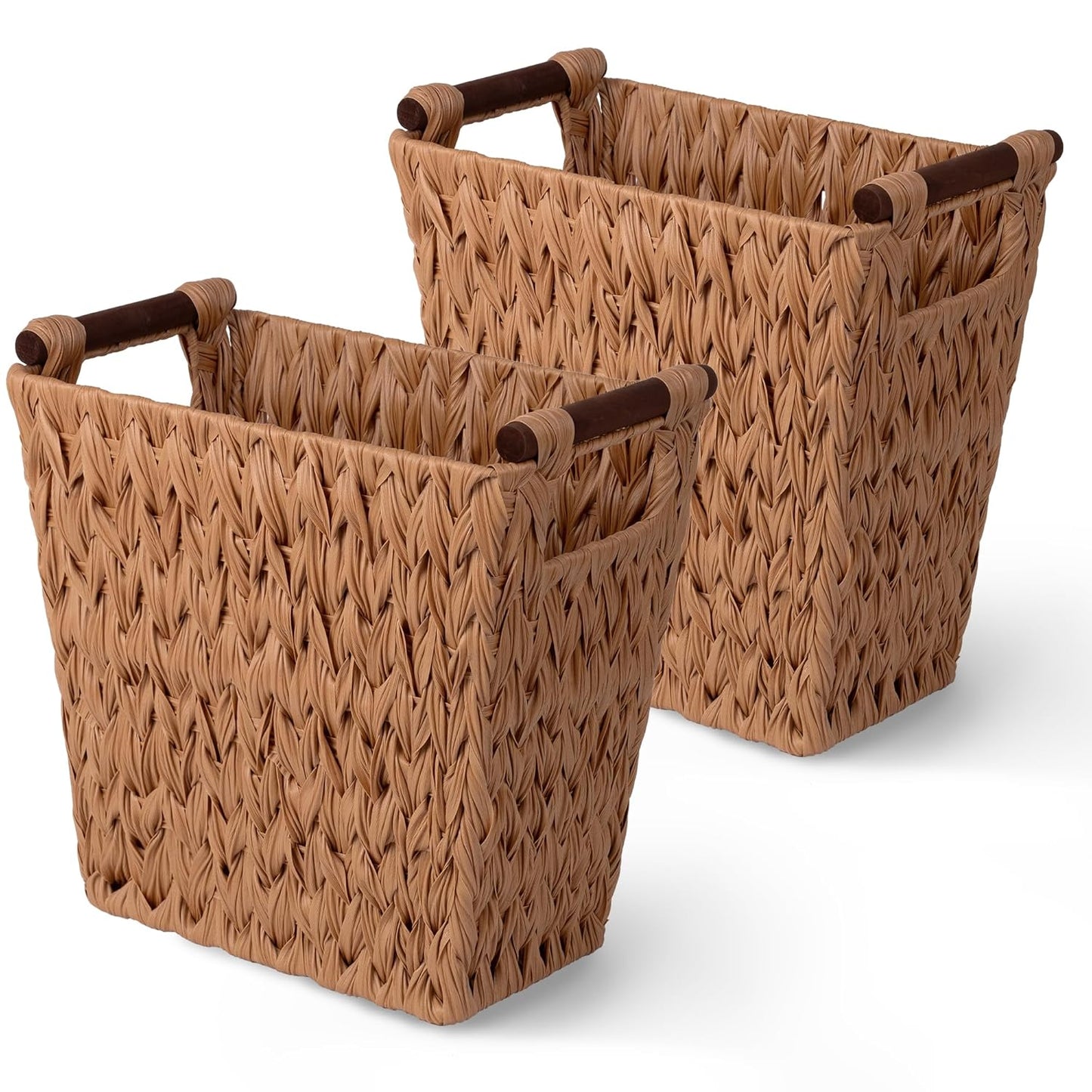 Bathroom Wastebasket, Caramel Orange Woven Trash Can with Handles, Waterproof Wicker Waste Basket for Office, 2-Pack, 13" X 7 ½" X 12 ½"
