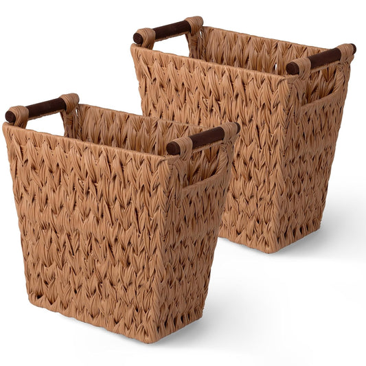 Bathroom Wastebasket, Caramel Orange Woven Trash Can with Handles, Waterproof Wicker Waste Basket for Office, 2-Pack, 13" X 7 ½" X 12 ½"