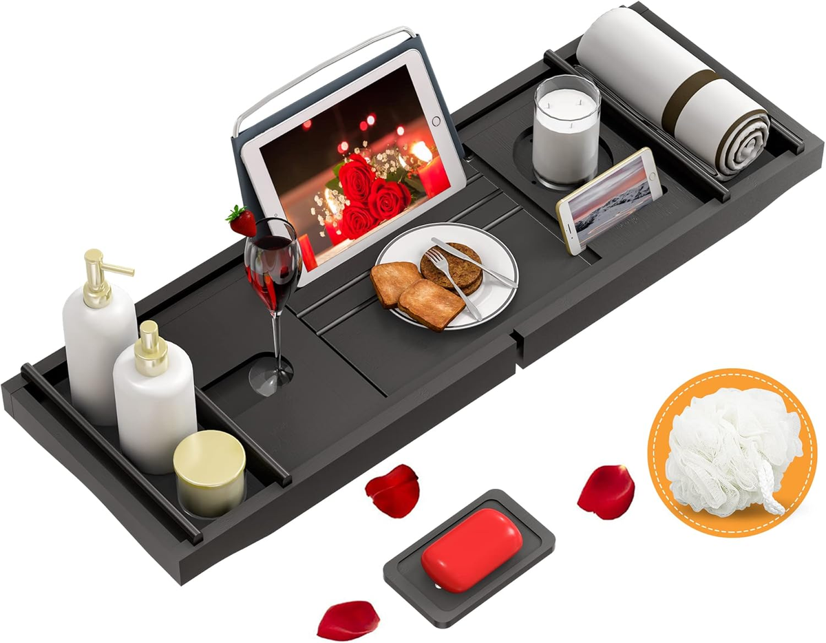 Bathtub Caddy Tray Expandable Bamboo Tub Tray for Luxury Bath with Book Holder and Free Soap Dish Black