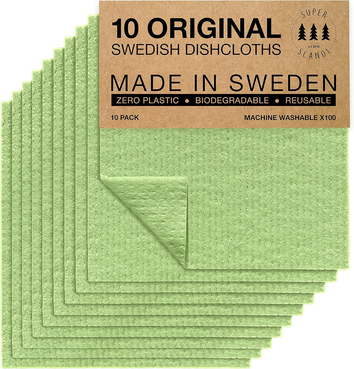10 Pack Swedish Dishcloths for Kitchen - 100% Biodegradable & Compostable Reusable Paper Towels Washable, Food-Safe & without Plastic - Dish Rags Suitable for Any Surface, Apple Green