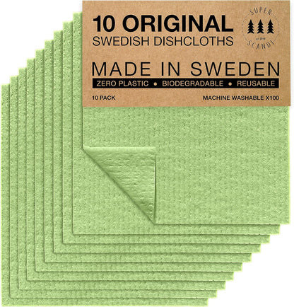 10 Pack Swedish Dishcloths for Kitchen - 100% Biodegradable & Compostable Reusable Paper Towels Washable, Food-Safe & without Plastic - Dish Rags Suitable for Any Surface, Apple Green