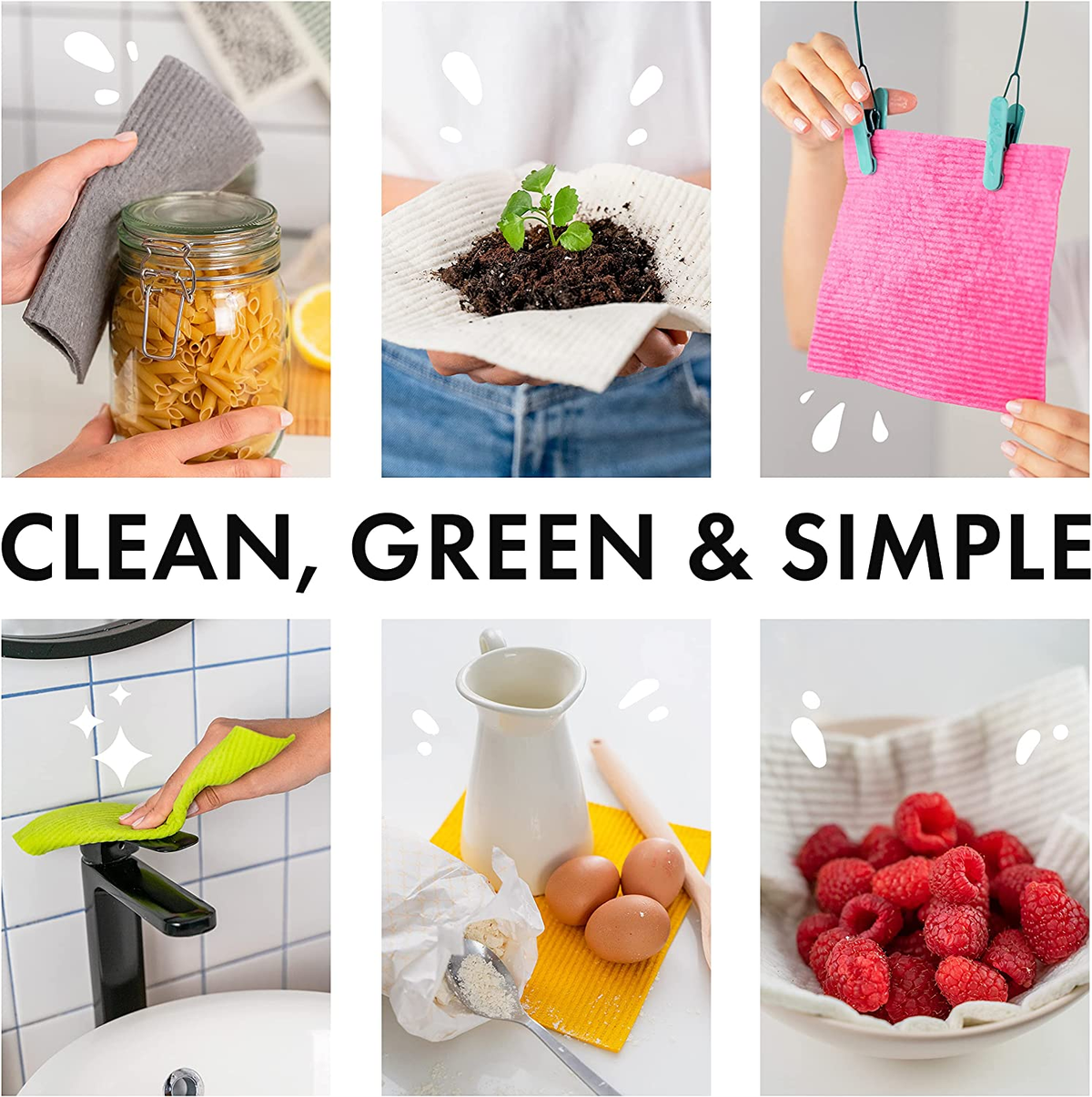 10 Pack Reusable Cleaning Cloths - 100% Biodegradable & Compostable | Washable Swedish Dishcloth - Food-Safe & Plastic-Free | Kitchen Cloth Suitable for Any Surface, Pink Green Blue