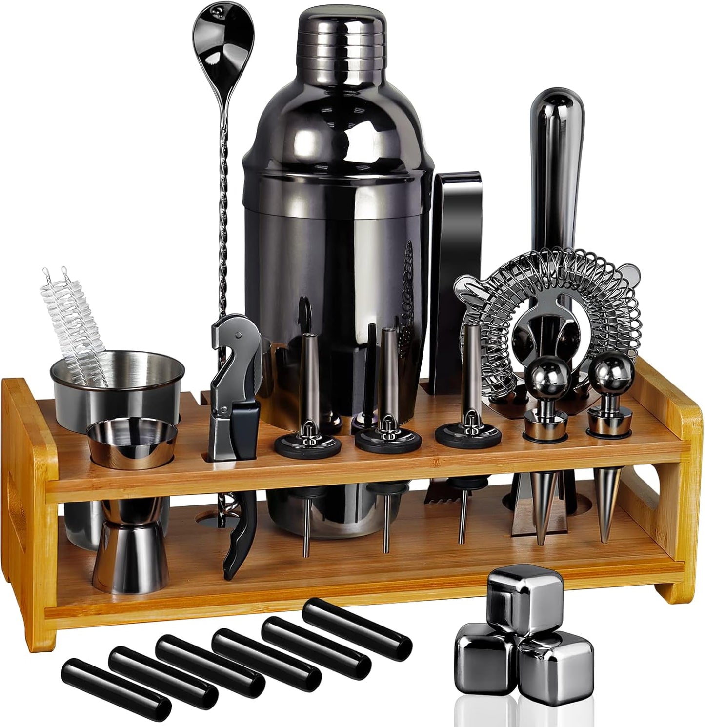 26-Piece Bartender Kit Cocktail Shaker Set | Stainless Steel Bar Set with Bamboo Stand Bar Tools Cocktail Kit for Christmas Drink Mixing,Home Bar Party Gift Bartending Kit Black