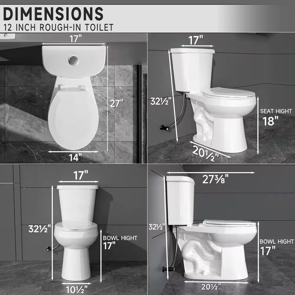 17 In. ADA Compliant Dual Flush Toilet 1.1/1.6 GPF 2-Piece round Bowl White Toilet with Soft Close Seat Bathroom Upgrade