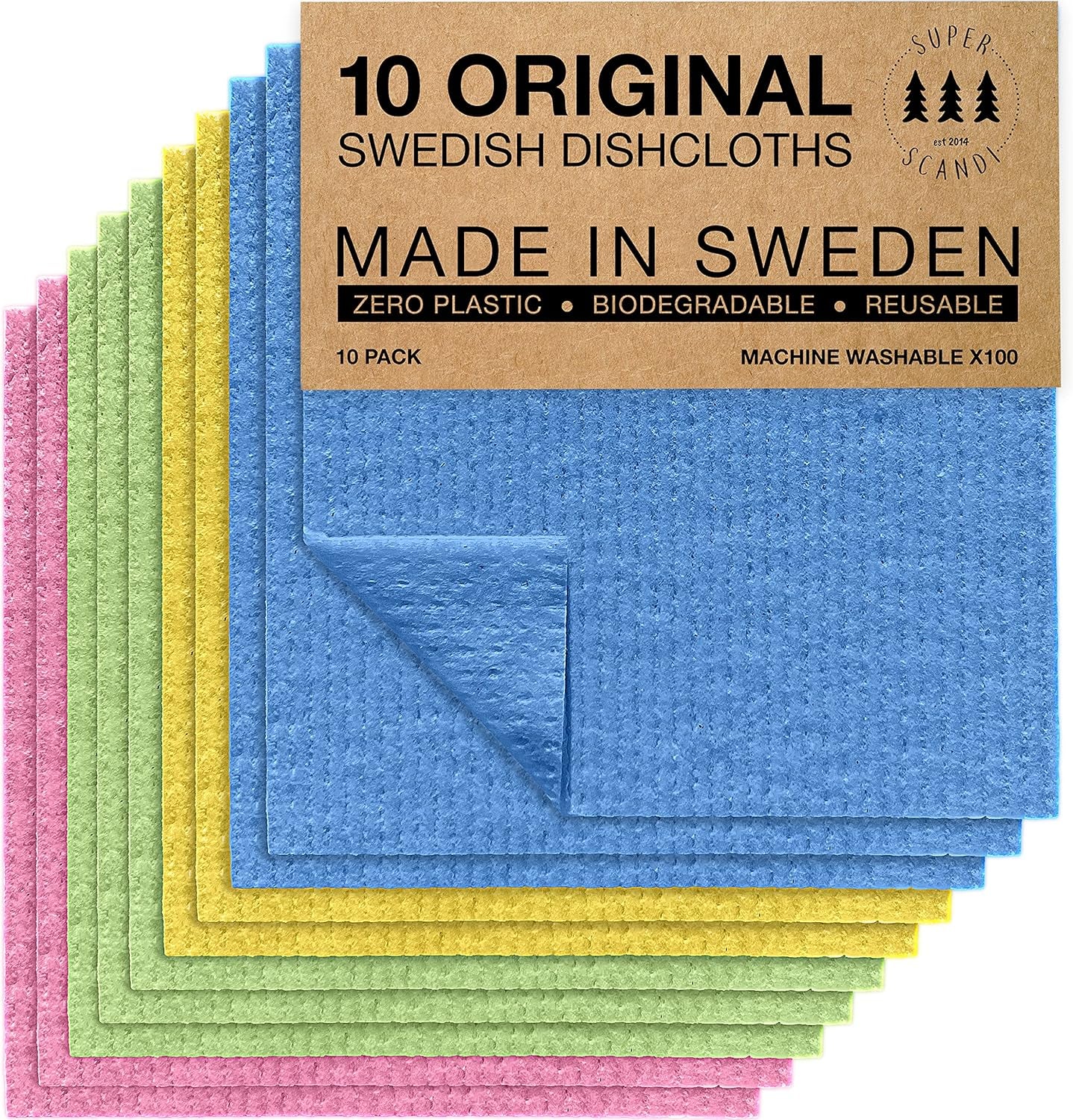 10 Pack Reusable Cleaning Cloths - 100% Biodegradable & Compostable | Washable Swedish Dishcloth - Food-Safe & Plastic-Free | Kitchen Cloth Suitable for Any Surface, Pink Green Blue