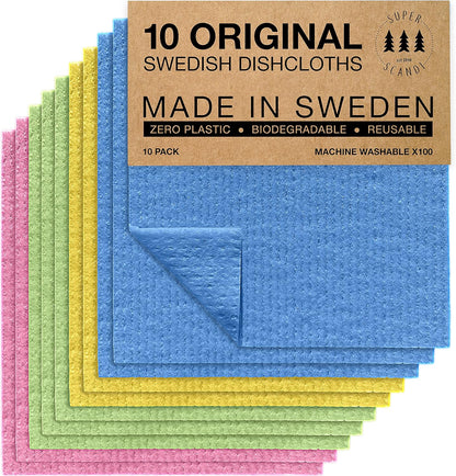 10 Pack Reusable Cleaning Cloths - 100% Biodegradable & Compostable | Washable Swedish Dishcloth - Food-Safe & Plastic-Free | Kitchen Cloth Suitable for Any Surface, Pink Green Blue