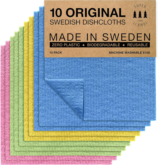 10 Pack Reusable Cleaning Cloths - 100% Biodegradable & Compostable | Washable Swedish Dishcloth - Food-Safe & Plastic-Free | Kitchen Cloth Suitable for Any Surface, Pink Green Blue
