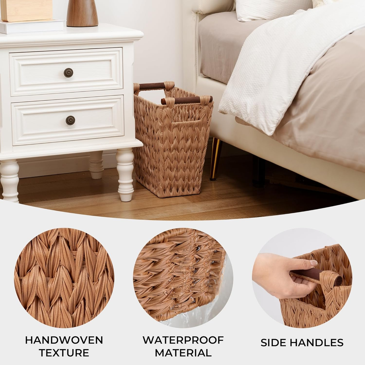 Bathroom Wastebasket, Caramel Orange Woven Trash Can with Handles, Waterproof Wicker Waste Basket for Office, 2-Pack, 13