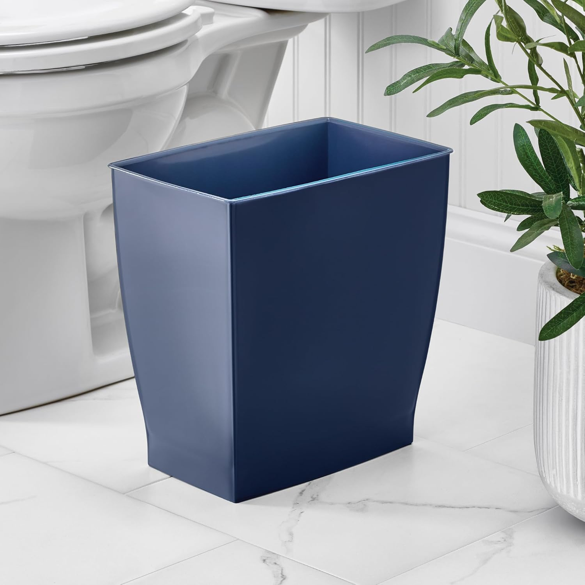Idesign Small Plastic Bathroom Trash Can, Slim Rectangle Garbage Bin for Bedroom, Office, Dorm, Navy Blue