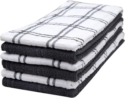 Dish Towel 16"X26" | Grey Windowpane Design | Kitchen Hand Towels, Large Tea Towel Set | Natural Ring Spun Cotton Dish Towels for Kitchen | Soft, Highly Absorbent | 400 GSM – 6 Pack