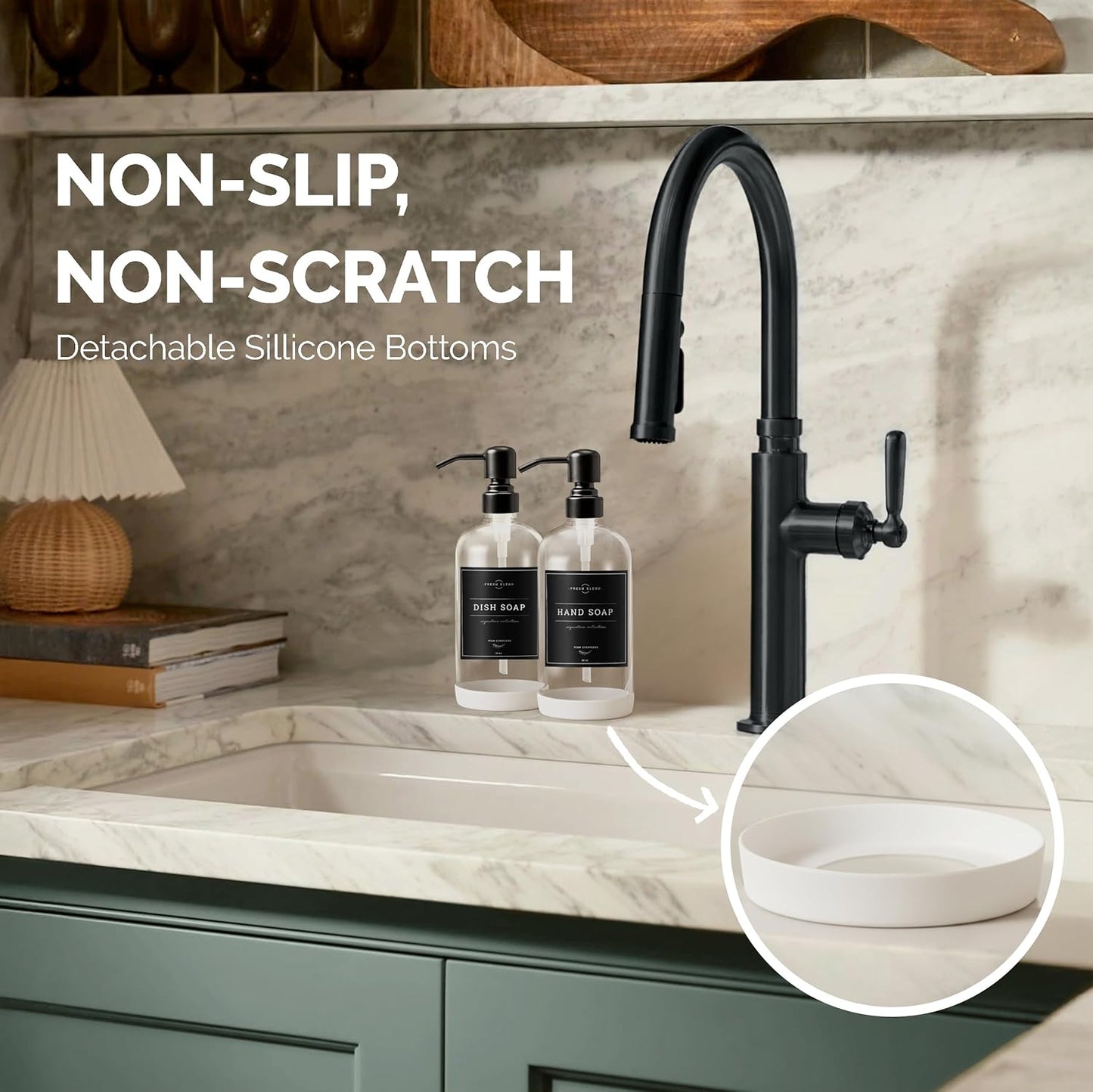 Clear Glass Soap Dispenser, 2 Pack Kitchen Soap Dispenser Set with Stainless Steel Pump, 16 Oz Dish Soap and Hand Soap Dispensers for Bathroom with Waterproof Labels