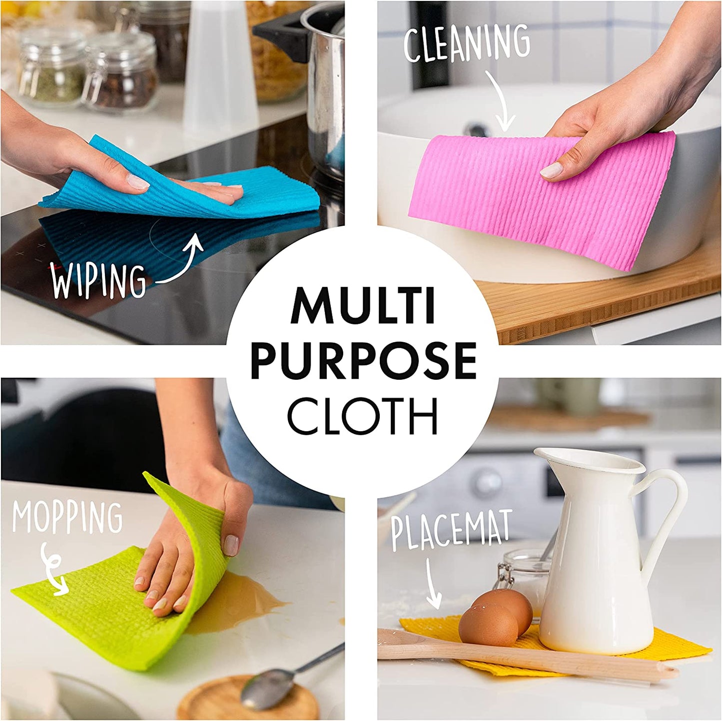 10 Pack Reusable Cleaning Cloths - 100% Biodegradable & Compostable | Washable Swedish Dishcloth - Food-Safe & Plastic-Free | Kitchen Cloth Suitable for Any Surface, Pink Green Blue