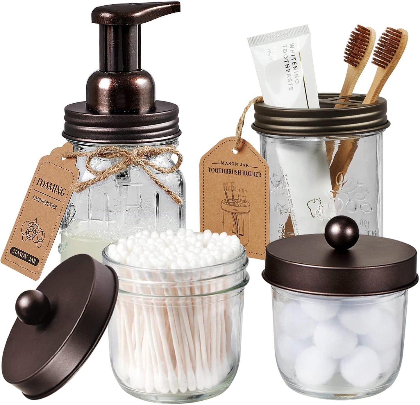 Mason Jar Bathroom Accessories Set(4 Pack) - Foaming Soap Dispenser&Qtip Holder Set&Toothbrush Holder-Rustic Farmhouse Decor Bathroom Organizer Apothecary Jar Country Countertop (Bronze)