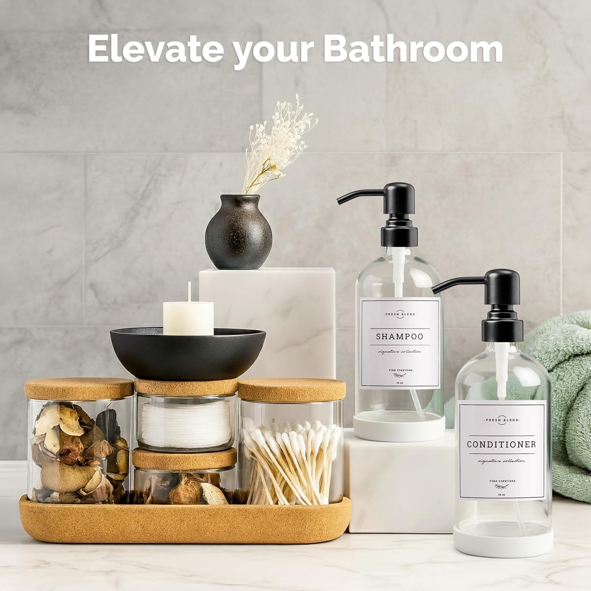 Clear Glass Soap Dispenser, 2 Pack Kitchen Soap Dispenser Set with Stainless Steel Pump, 16 Oz Dish Soap and Hand Soap Dispensers for Bathroom with Waterproof Labels