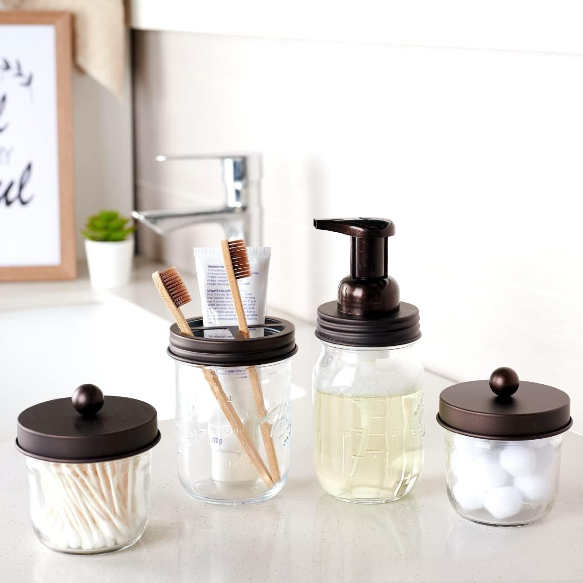 Mason Jar Bathroom Accessories Set(4 Pack) - Foaming Soap Dispenser&Qtip Holder Set&Toothbrush Holder-Rustic Farmhouse Decor Bathroom Organizer Apothecary Jar Country Countertop (Bronze)