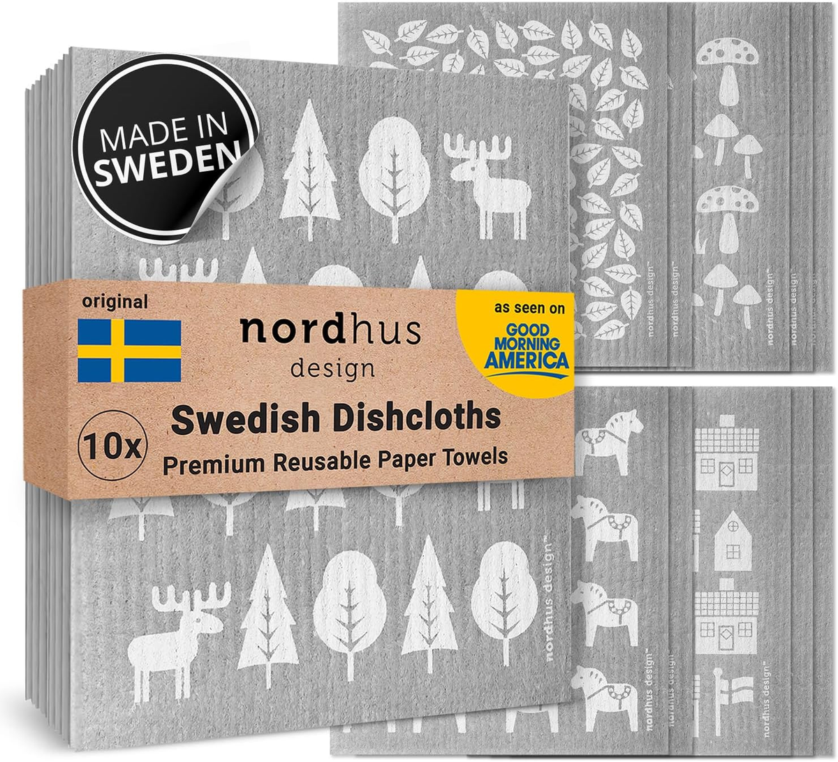 Swedish Dishcloths,10 Grey Cloths, Made in Sweden - Reusable, Washable Cellulose Cotton Kitchen Cloths - Replace Paper Towels, Wipes, Sponges, Dish Rags