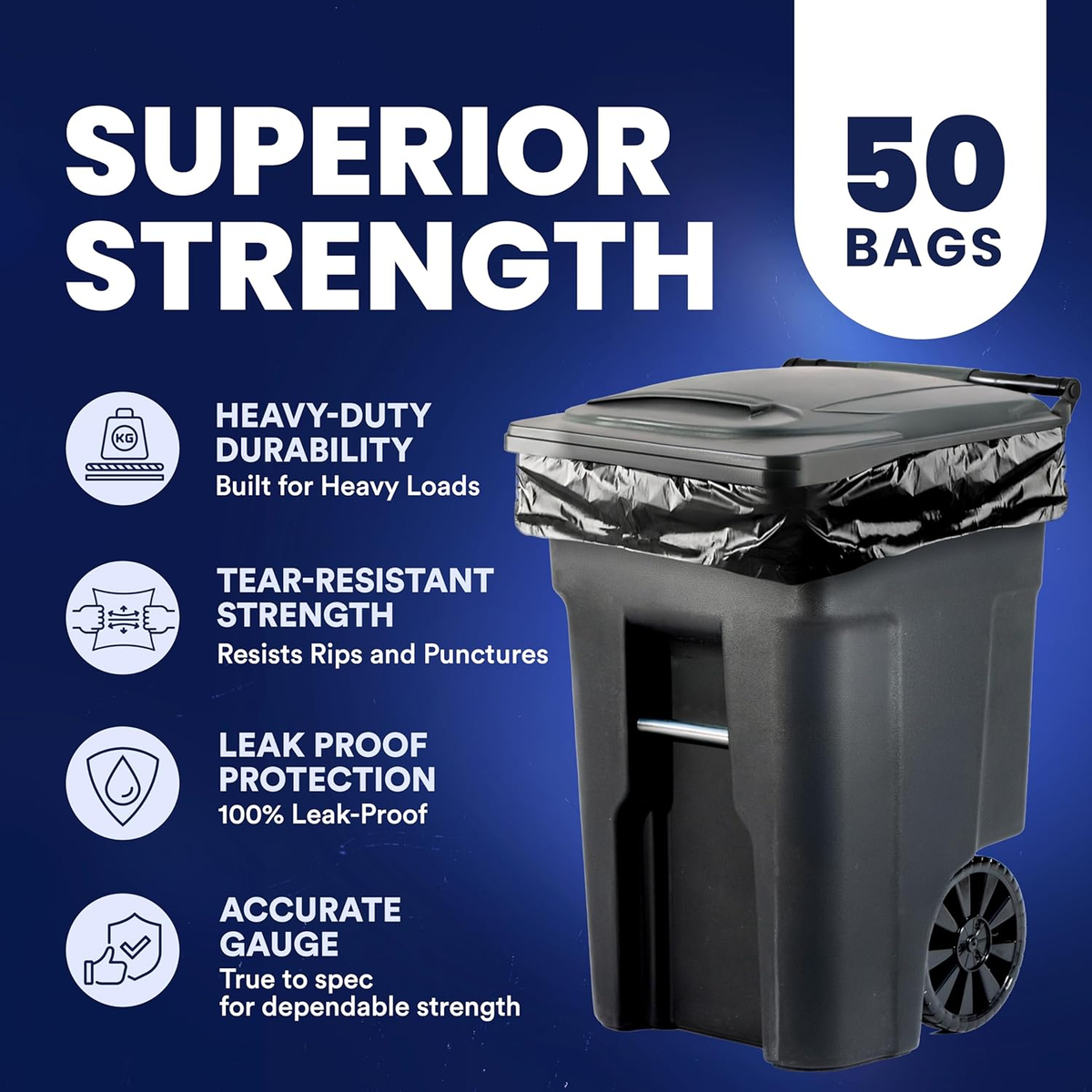 95-96 Gallon Garbage Can Liners │ 1.5 Mil │ Black Heavy Duty Trash Bags │ 61” X 68” (50Count) (W95LDB15)