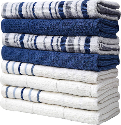 Pack of 8 Premium Kitchen Towels Set - Striped Waffle Yarn Dyed Kitchen Hand Towels - Large, 420 GSM, Ultra Absorbent - Dish Towels for Drying Dishes - Cotton Tea Towels - Blue