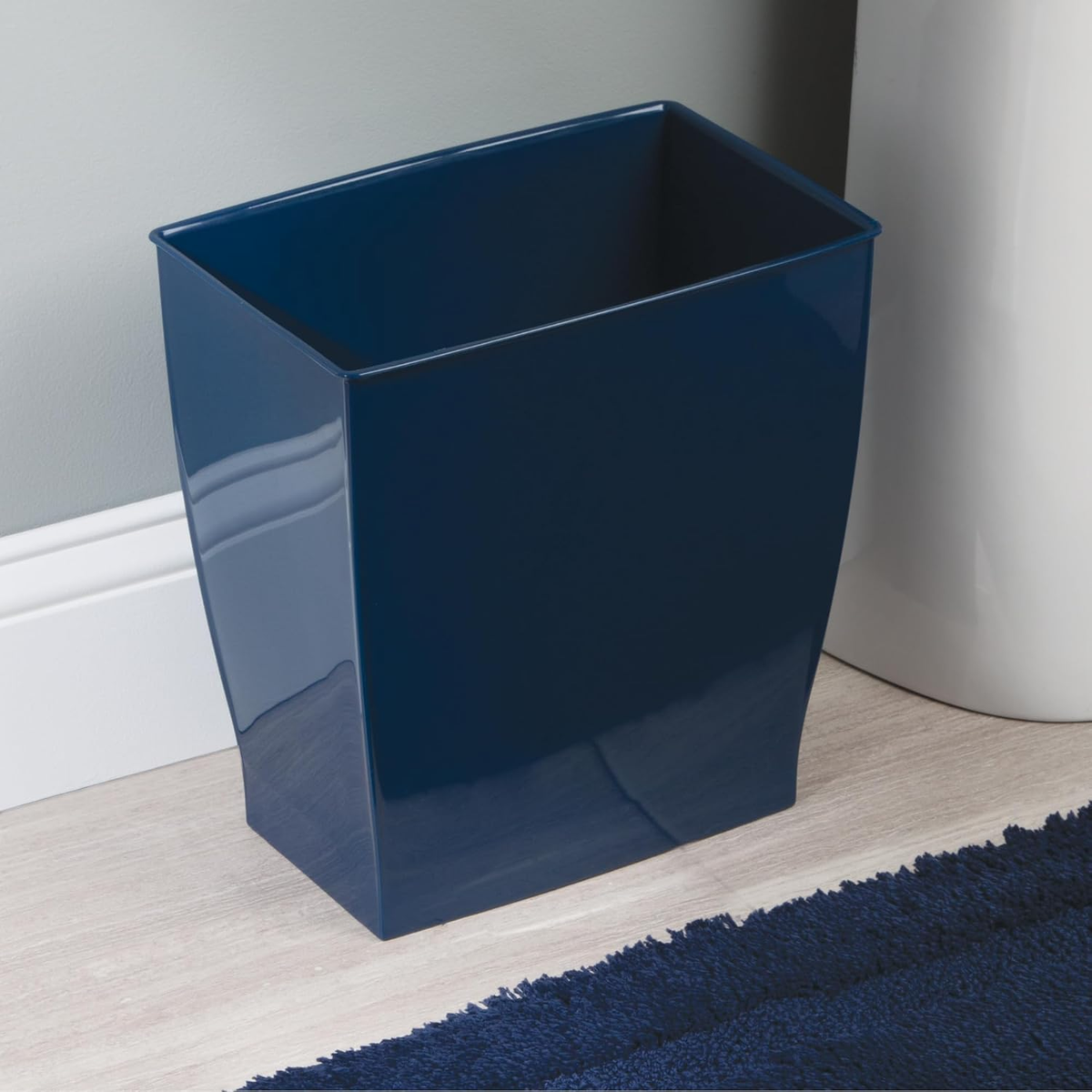 Idesign Small Plastic Bathroom Trash Can, Slim Rectangle Garbage Bin for Bedroom, Office, Dorm, Navy Blue