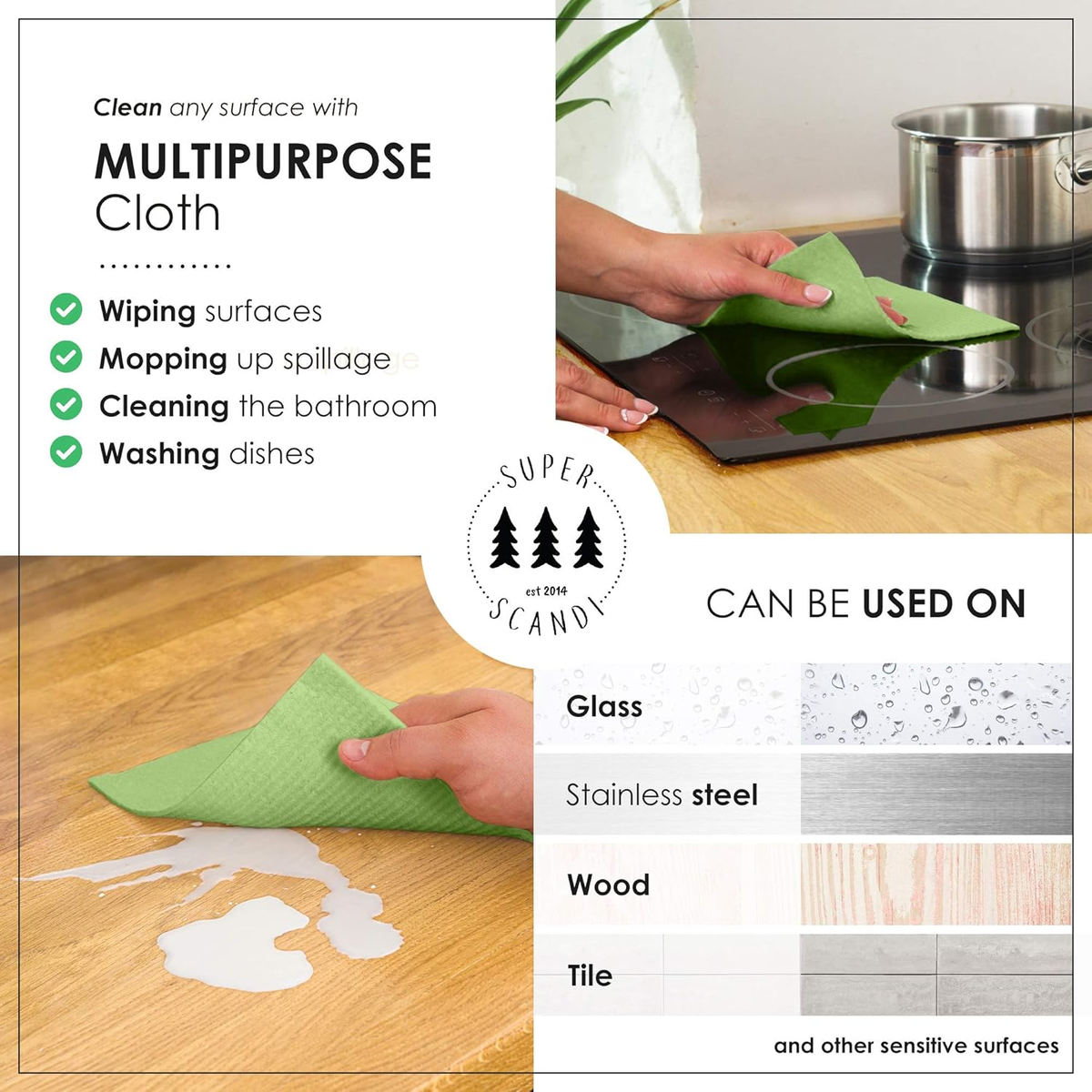 10 Pack Swedish Dishcloths for Kitchen - 100% Biodegradable & Compostable Reusable Paper Towels Washable, Food-Safe & without Plastic - Dish Rags Suitable for Any Surface, Apple Green