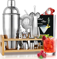 Cocktail Shaker Set Bartender Kit,  15Pcs Bartender Shaker Set, 304 Stainless Steel Martini Shaker and Strainer, Bar Tool Set with Bamboo Stand, Recipe Book, for Home and Bar Party