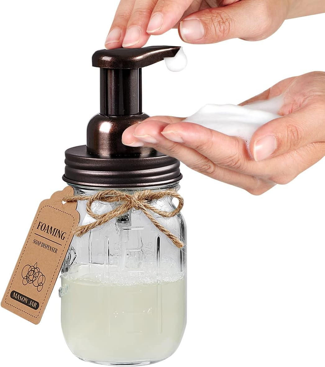 Mason Jar Bathroom Accessories Set(4 Pack) - Foaming Soap Dispenser&Qtip Holder Set&Toothbrush Holder-Rustic Farmhouse Decor Bathroom Organizer Apothecary Jar Country Countertop (Bronze)