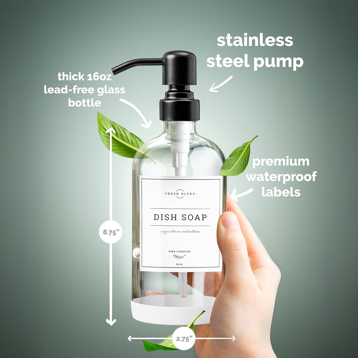 Clear Glass Soap Dispenser, 2 Pack Kitchen Soap Dispenser Set with Stainless Steel Pump, 16 Oz Dish Soap and Hand Soap Dispensers for Bathroom with Waterproof Labels