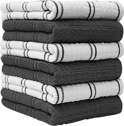 Dish Towel 16"X26" | Grey Windowpane Design | Kitchen Hand Towels, Large Tea Towel Set | Natural Ring Spun Cotton Dish Towels for Kitchen | Soft, Highly Absorbent | 400 GSM – 6 Pack